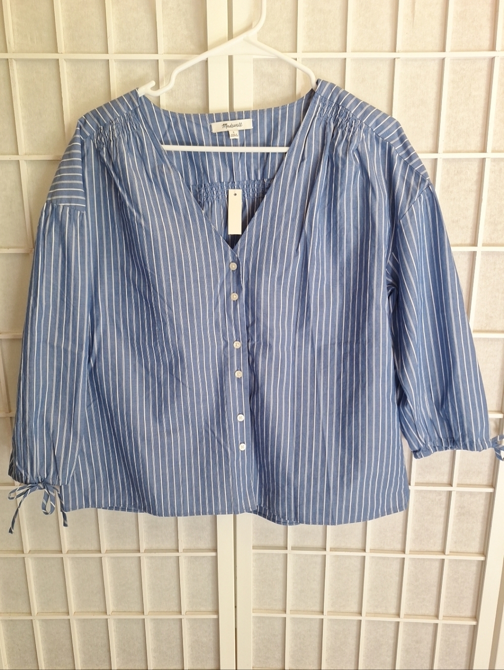 Madewell Blue and White Vertical Stripe Button Front Blouse